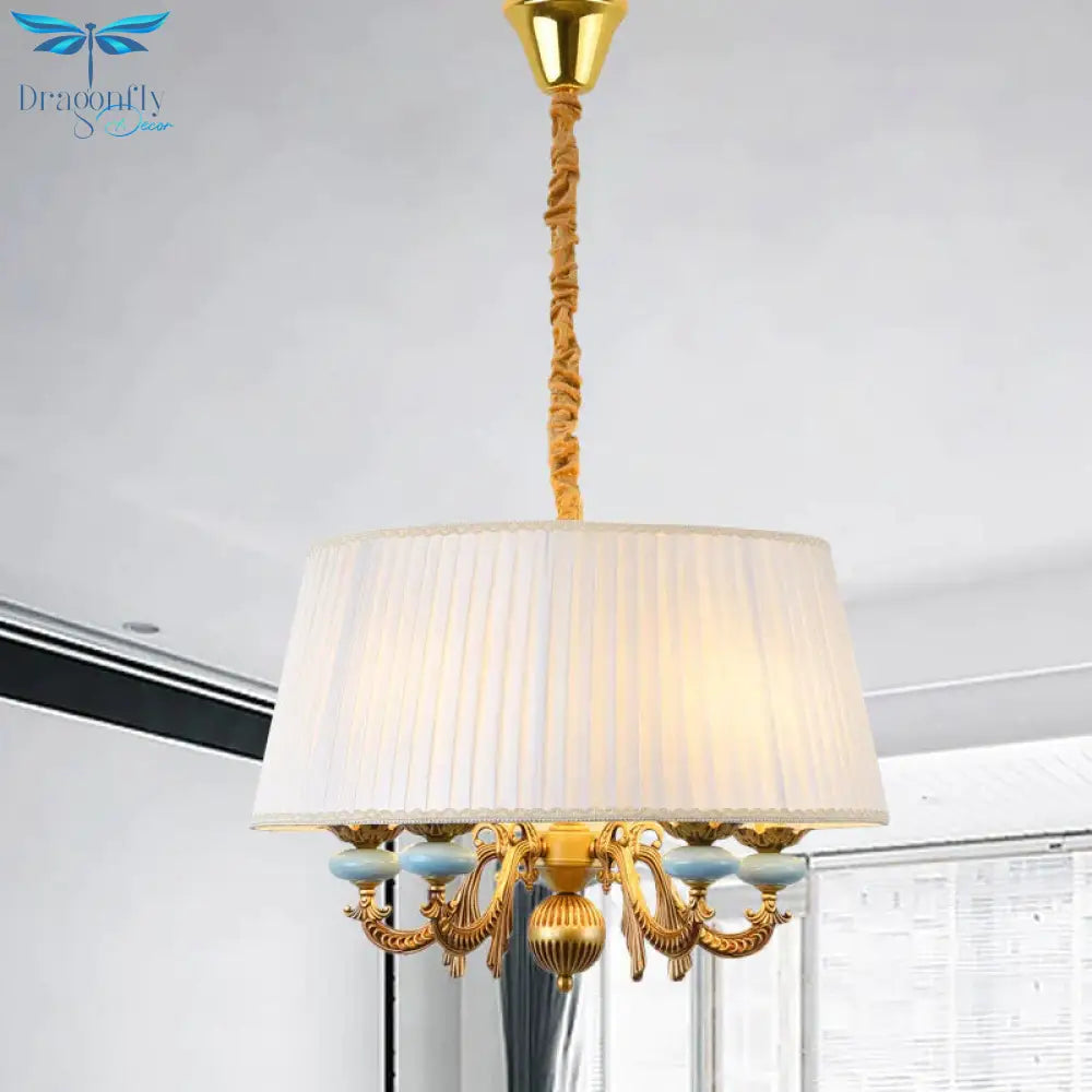 Classic Drum Hanging Chandelier 5 Lights Fabric Drop Pendant In White For Dining Room