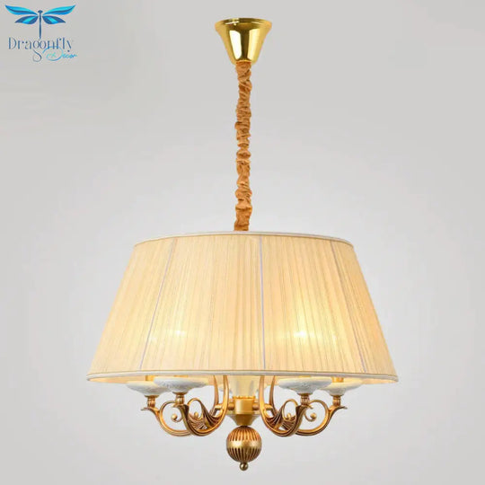 Classic Drum Hanging Chandelier 5 Lights Fabric Drop Pendant In White For Dining Room