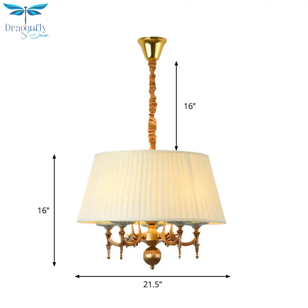 Classic Drum Hanging Chandelier 5 Lights Fabric Drop Pendant In White For Dining Room