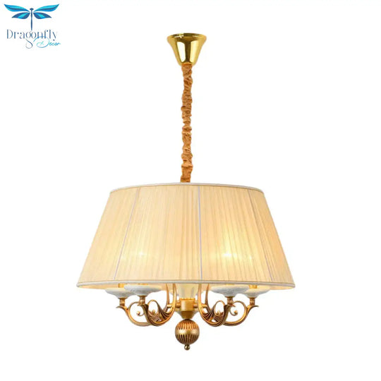 Classic Drum Hanging Chandelier 5 Lights Fabric Drop Pendant In White For Dining Room