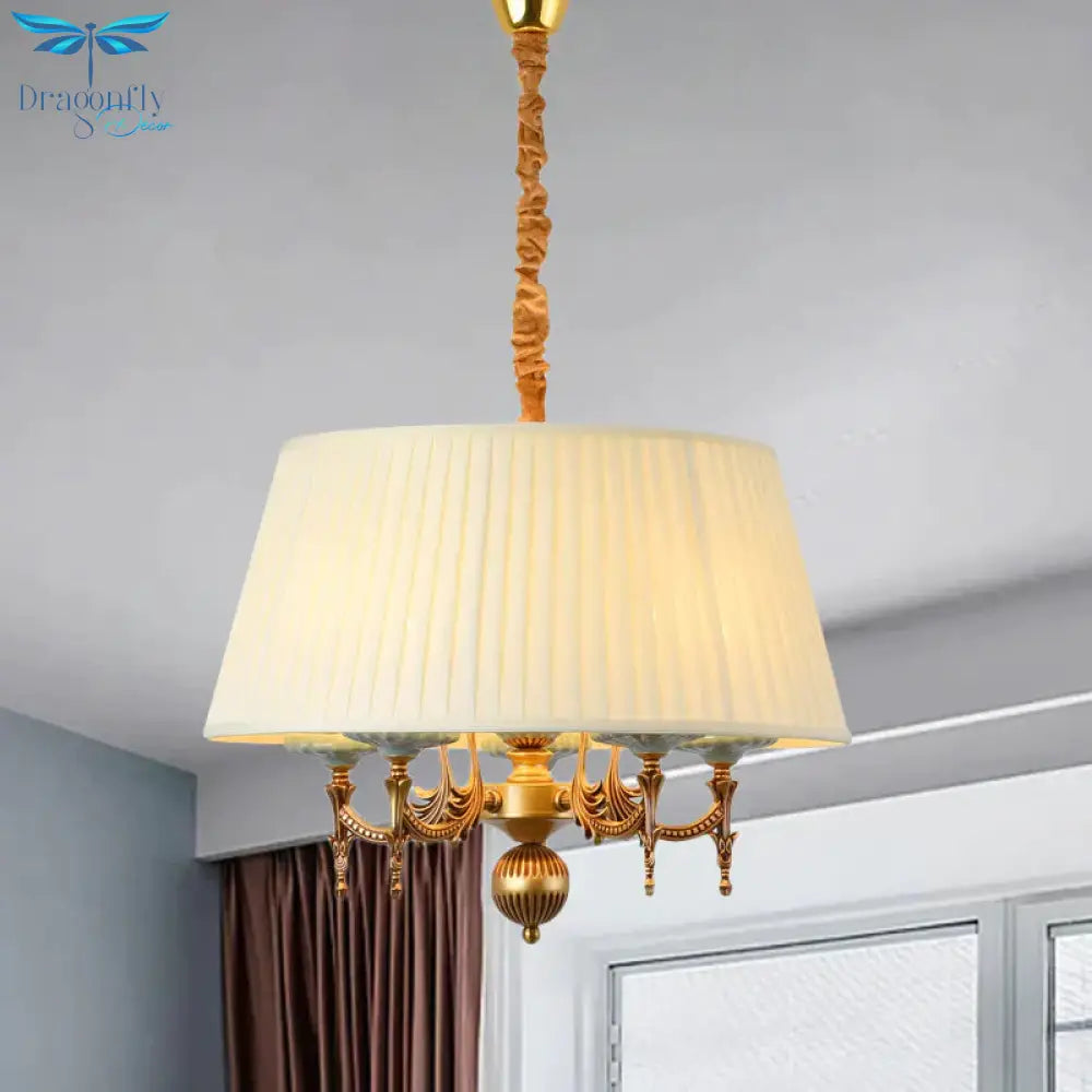 Classic Drum Hanging Chandelier 5 Lights Fabric Drop Pendant In White For Dining Room