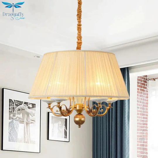 Classic Drum Hanging Chandelier 5 Lights Fabric Drop Pendant In White For Dining Room