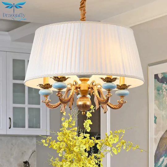 Classic Drum Hanging Chandelier 5 Lights Fabric Drop Pendant In White For Dining Room