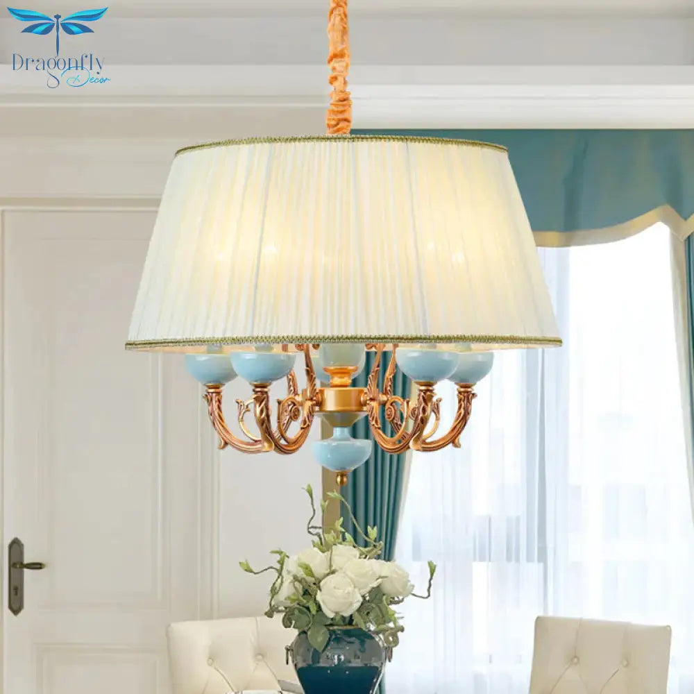 Classic Drum Hanging Chandelier 5 Lights Fabric Drop Pendant In White For Dining Room