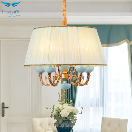 Classic Drum Hanging Chandelier 5 Lights Fabric Drop Pendant In White For Dining Room