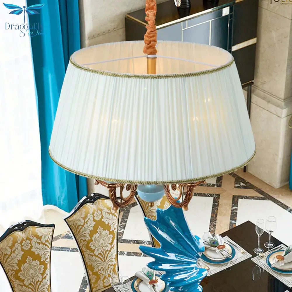 Classic Drum Hanging Chandelier 5 Lights Fabric Drop Pendant In White For Dining Room