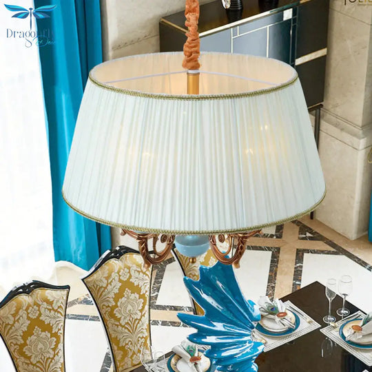 Classic Drum Hanging Chandelier 5 Lights Fabric Drop Pendant In White For Dining Room