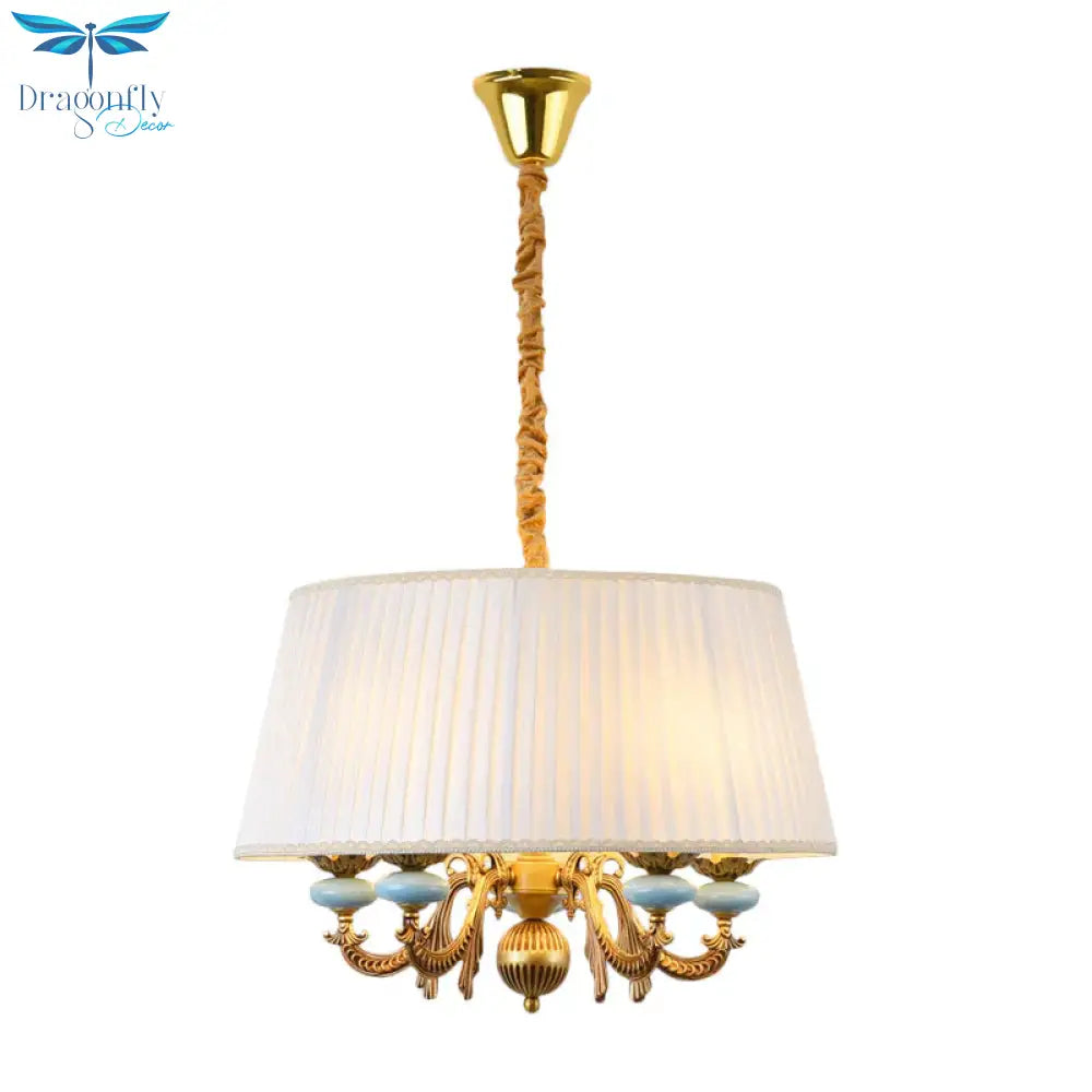 Classic Drum Hanging Chandelier 5 Lights Fabric Drop Pendant In White For Dining Room