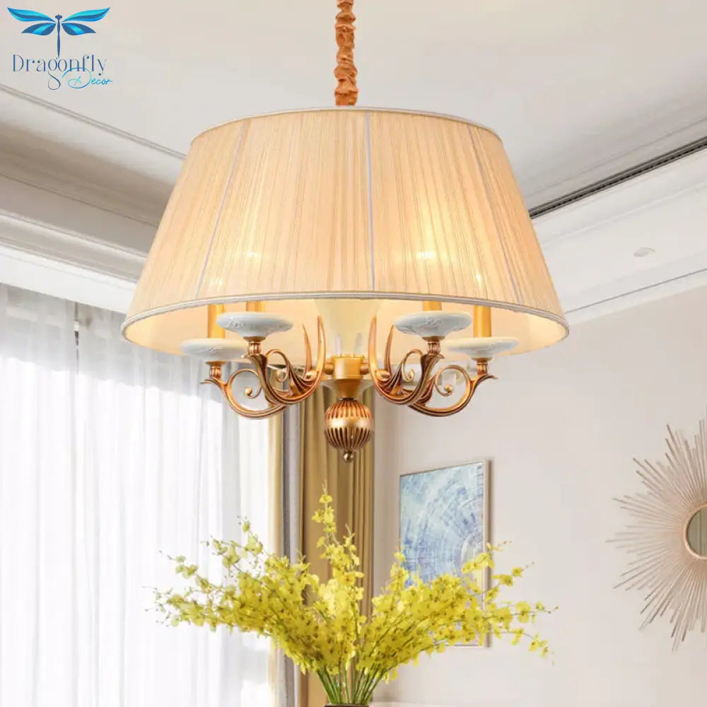 Classic Drum Hanging Chandelier 5 Lights Fabric Drop Pendant In White For Dining Room