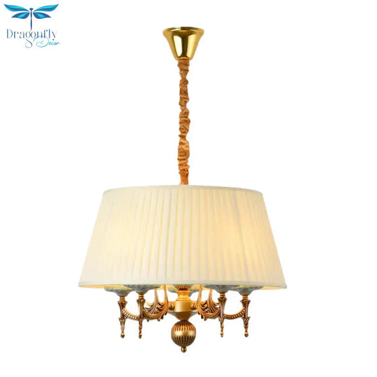 Classic Drum Hanging Chandelier 5 Lights Fabric Drop Pendant In White For Dining Room