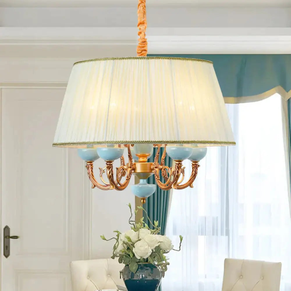Classic Drum Hanging Chandelier 5 Lights Fabric Drop Pendant In White For Dining Room / A