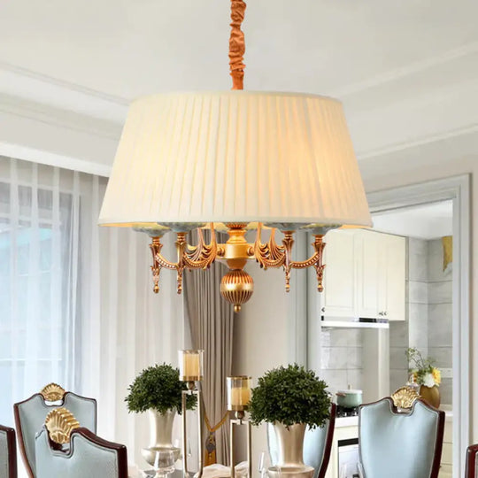 Classic Drum Hanging Chandelier 5 Lights Fabric Drop Pendant In White For Dining Room / B