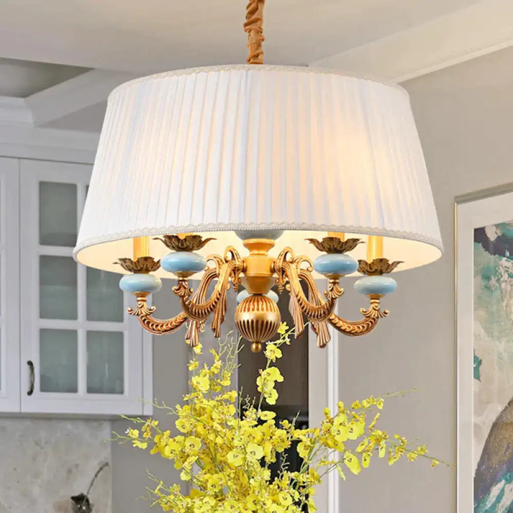 Classic Drum Hanging Chandelier 5 Lights Fabric Drop Pendant In White For Dining Room / C