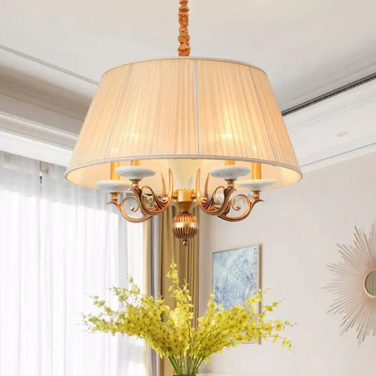 Classic Drum Hanging Chandelier 5 Lights Fabric Drop Pendant In White For Dining Room / D