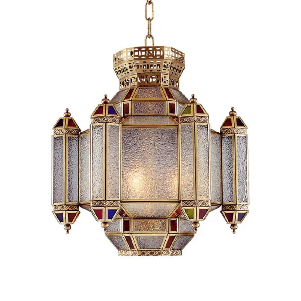 Classic Lantern Pendant Light 4 - Head Frosted Glass Chandelier Lighting Fixture In Brass For