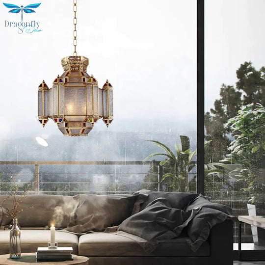 Classic Lantern Pendant Light 4 - Head Frosted Glass Chandelier Lighting Fixture In Brass For