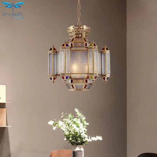 Classic Lantern Pendant Light 4 - Head Frosted Glass Chandelier Lighting Fixture In Brass For