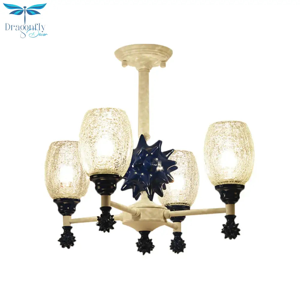 Clear Crackle Glass Cup - Like Pendant Coastal 4 - Bulb Gold/Dark Blue Chandelier Lighting With Sea