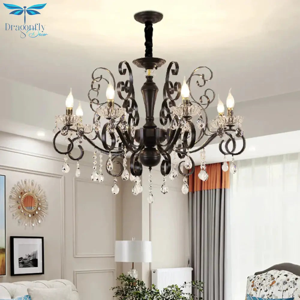 Clear Crystal Candelabra Suspension Pendant Traditional 6/8 Bulbs Parlor Chandelier With Droplets