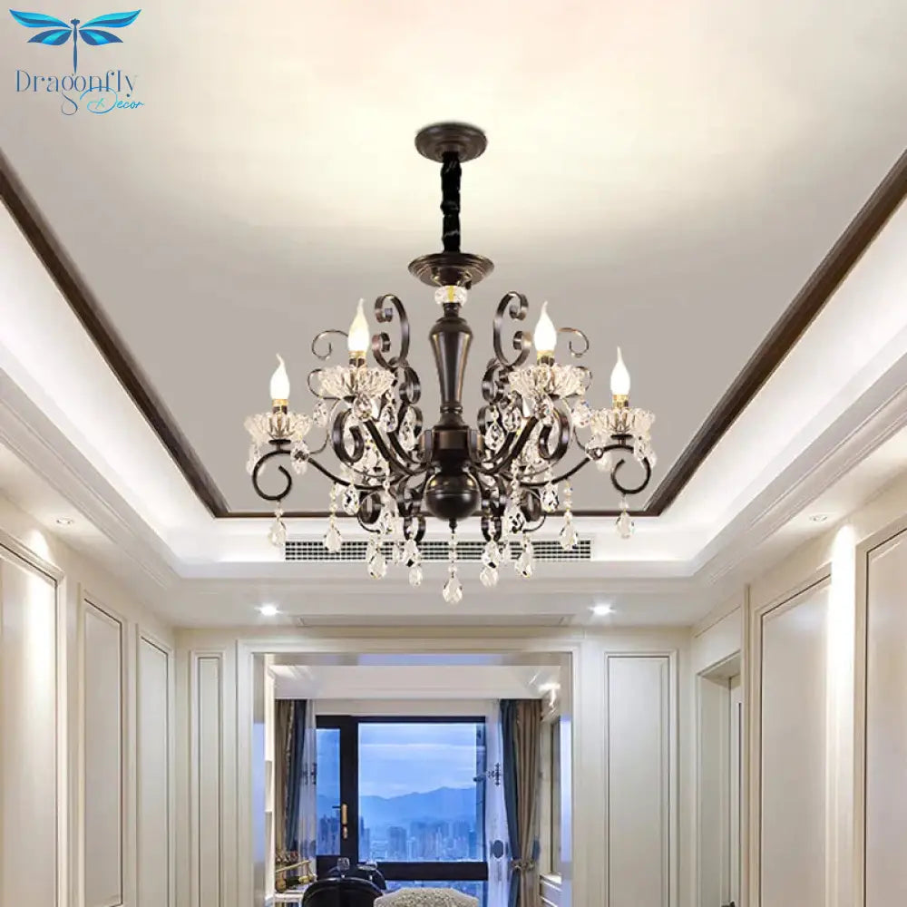 Clear Crystal Candelabra Suspension Pendant Traditional 6/8 Bulbs Parlor Chandelier With Droplets