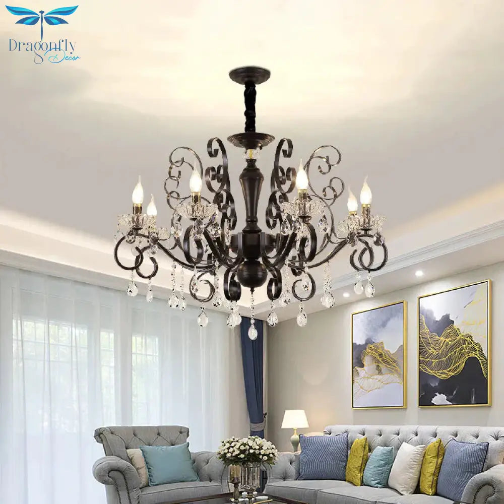 Clear Crystal Candelabra Suspension Pendant Traditional 6/8 Bulbs Parlor Chandelier With Droplets