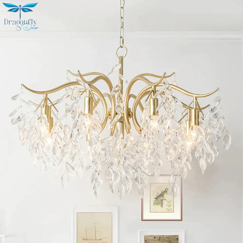 Clear Crystal Curvy Pendant Chandelier Rural 4/7/9 Lights Living Room Hanging Ceiling Light In Brass