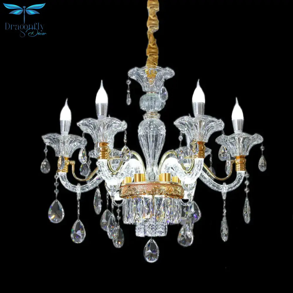 Clear Crystal Gold Suspension Lamp Candlestick 6 Heads Traditional Chandelier Lighting For Hall