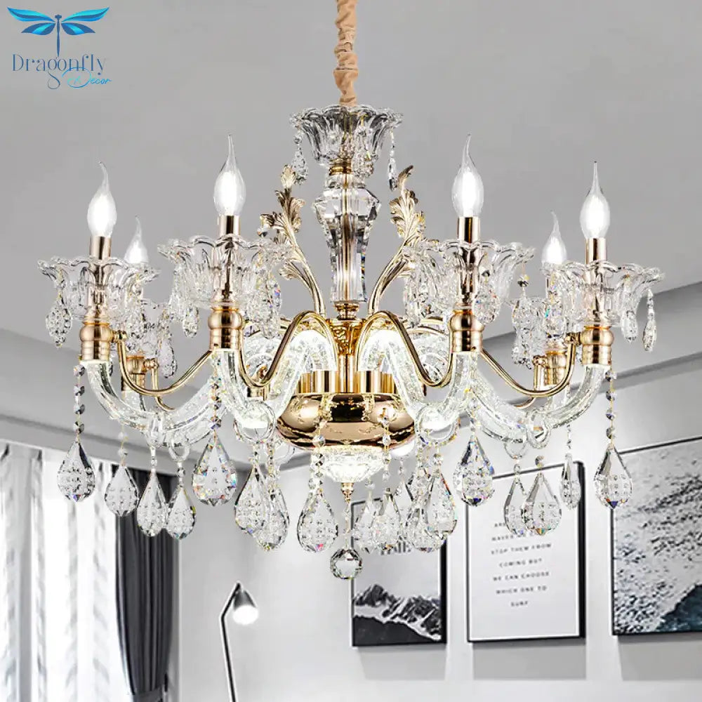 Clear Crystal Teardrop Chandelier Light Classic 6/8 - Light Bedroom Hanging Pendant In Gold With