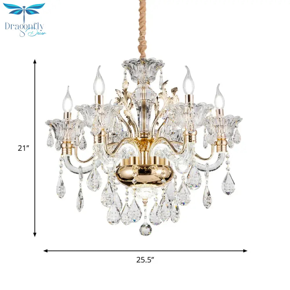 Clear Crystal Teardrop Chandelier Light Classic 6/8 - Light Bedroom Hanging Pendant In Gold With