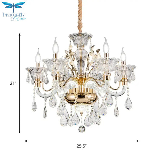 Clear Crystal Teardrop Chandelier Light Classic 6/8 - Light Bedroom Hanging Pendant In Gold With