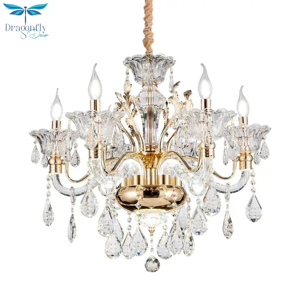 Clear Crystal Teardrop Chandelier Light Classic 6/8 - Light Bedroom Hanging Pendant In Gold With
