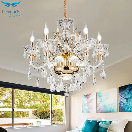 Clear Crystal Teardrop Chandelier Light Classic 6/8 - Light Bedroom Hanging Pendant In Gold With