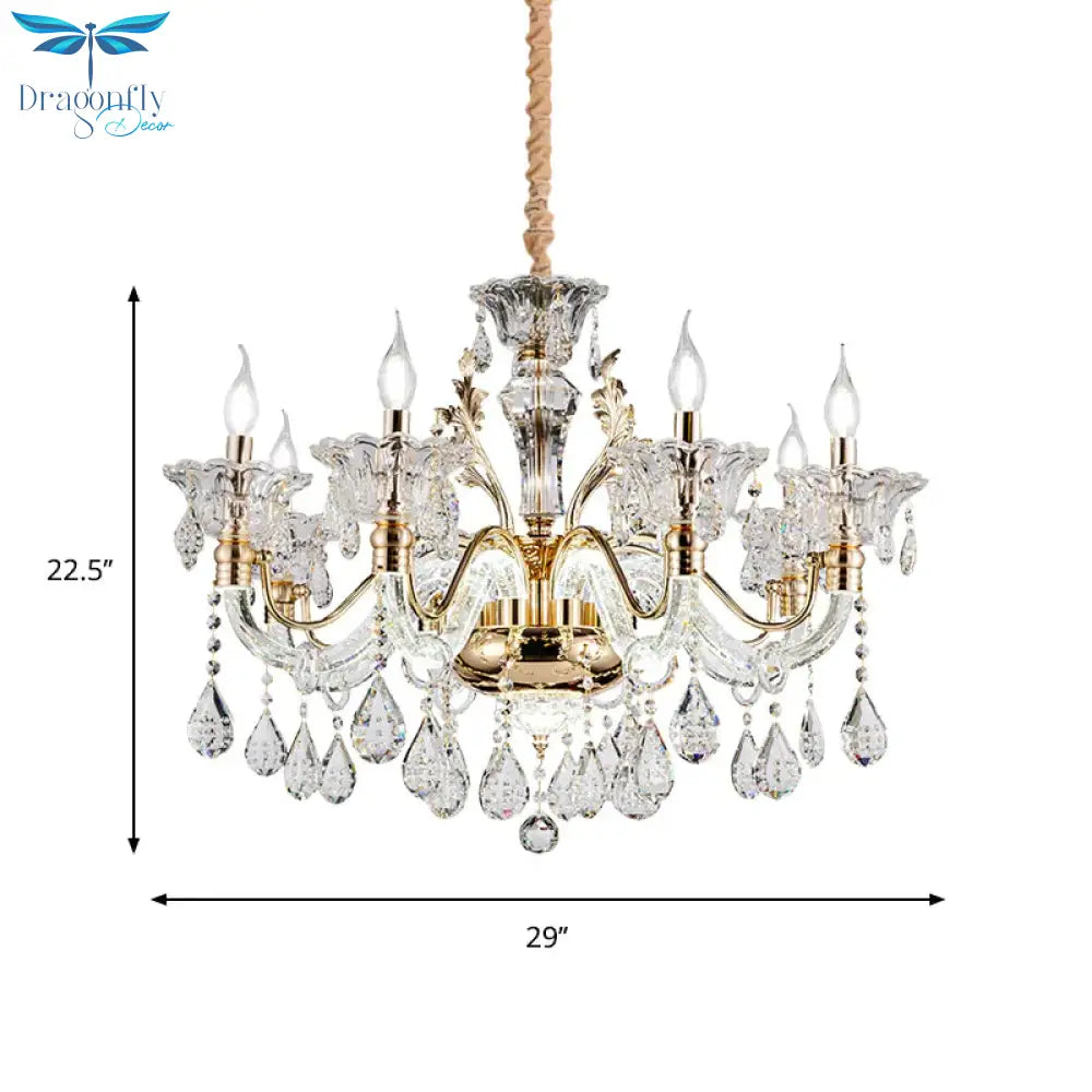 Clear Crystal Teardrop Chandelier Light Classic 6/8 - Light Bedroom Hanging Pendant In Gold With