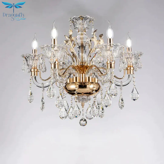 Clear Crystal Teardrop Chandelier Light Classic 6/8 - Light Bedroom Hanging Pendant In Gold With