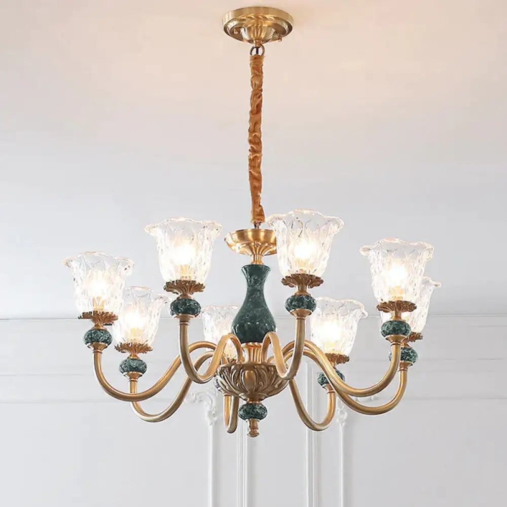 Clear Glass Bloom Hanging Light Antique 3/8 Heads Dining Room Chandelier Lighting In Gold 8 /