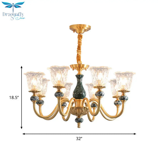 Clear Glass Bloom Hanging Light Antique 3/8 Heads Dining Room Chandelier Lighting In Gold