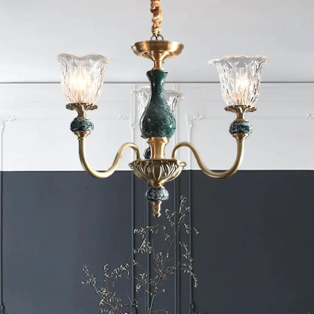 Clear Glass Bloom Hanging Light Antique 3/8 Heads Dining Room Chandelier Lighting In Gold 3 /
