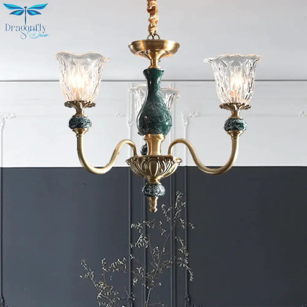 Clear Glass Bloom Hanging Light Antique 3/8 Heads Dining Room Chandelier Lighting In Gold