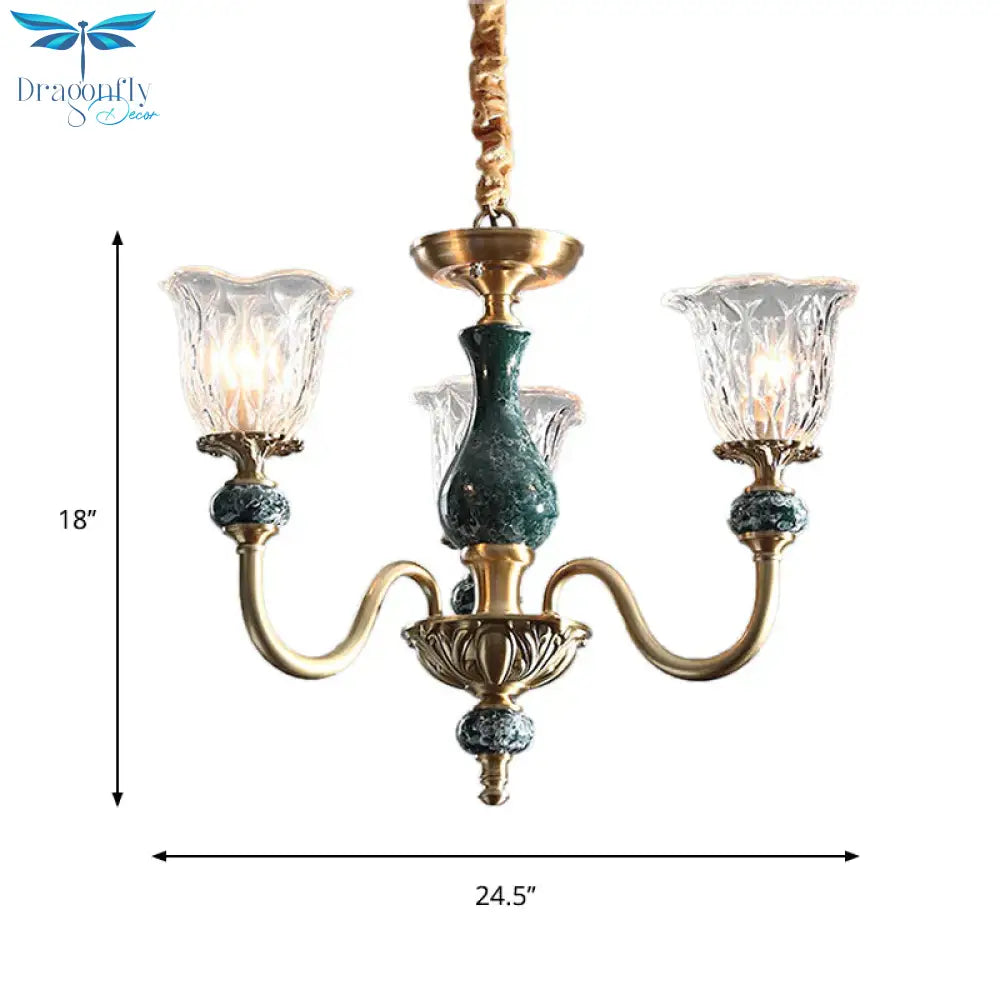 Clear Glass Bloom Hanging Light Antique 3/8 Heads Dining Room Chandelier Lighting In Gold