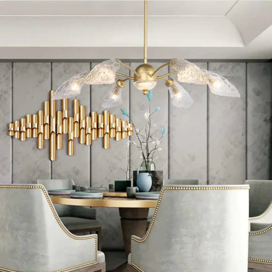 Clear Glass Curved Chandelier Light Fixture Retro 6 Lights Dining Room Ceiling Pendant In Gold