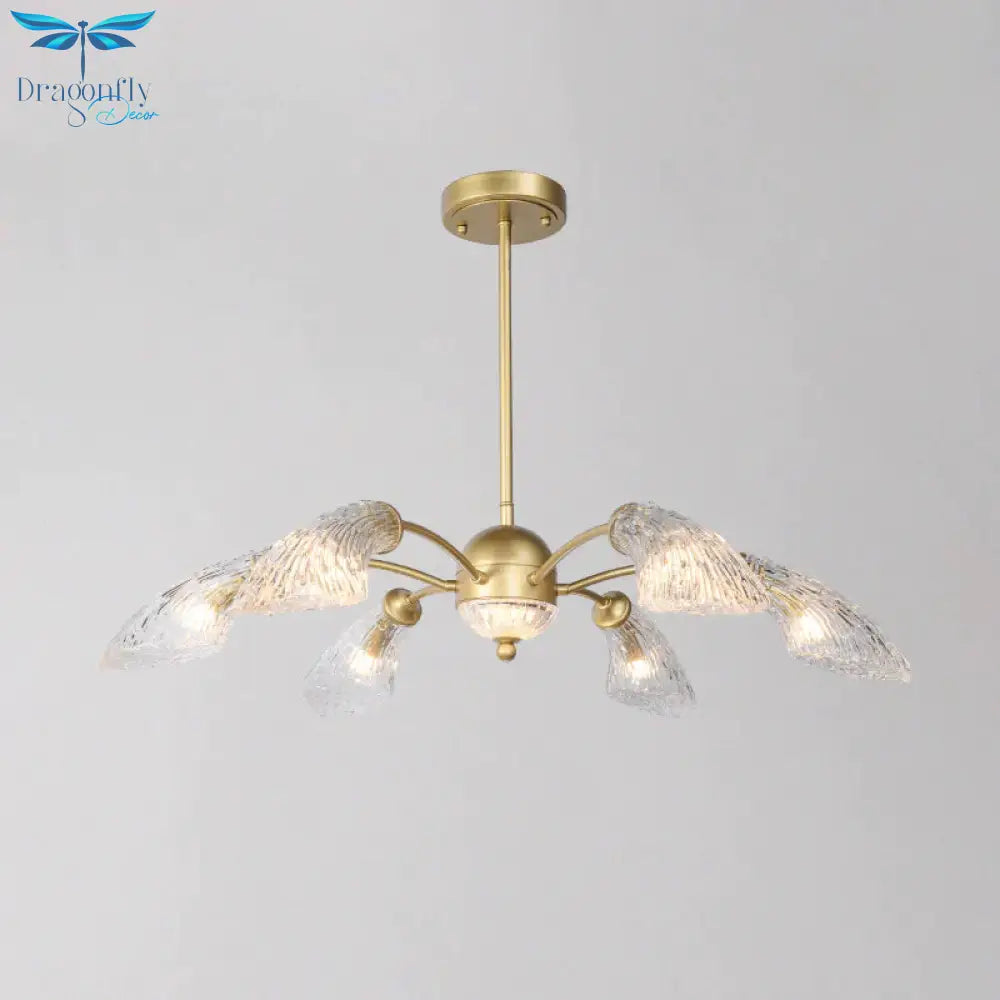Clear Glass Curved Chandelier Light Fixture Retro 6 Lights Dining Room Ceiling Pendant In Gold