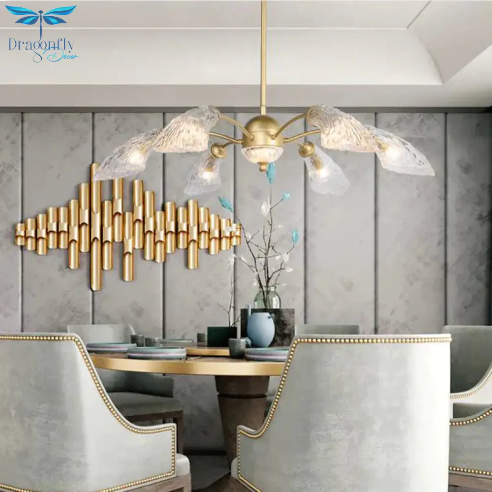 Clear Glass Curved Chandelier Light Fixture Retro 6 Lights Dining Room Ceiling Pendant In Gold