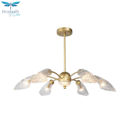 Clear Glass Curved Chandelier Light Fixture Retro 6 Lights Dining Room Ceiling Pendant In Gold