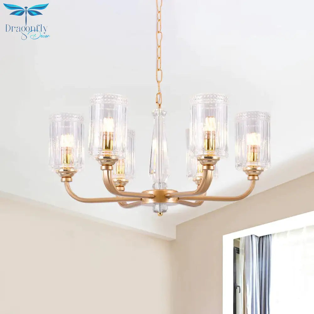 Clear Glass Cylinder Chandelier Light Vintage 3/5/6/8 Heads Lighting Fixture In Gold