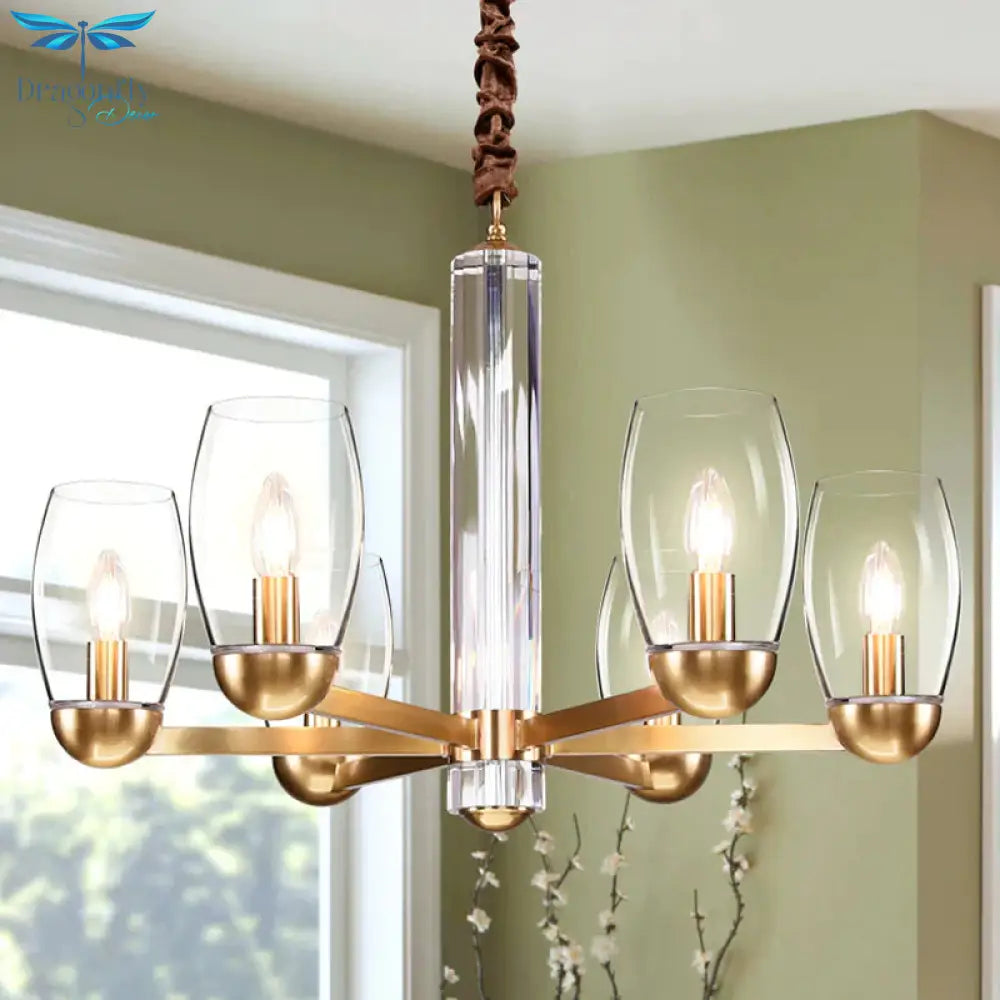 Clear Glass Gold Chandelier Lamp Oval 3/6 - Bulb Colonialist Suspension Pendant With Starburst