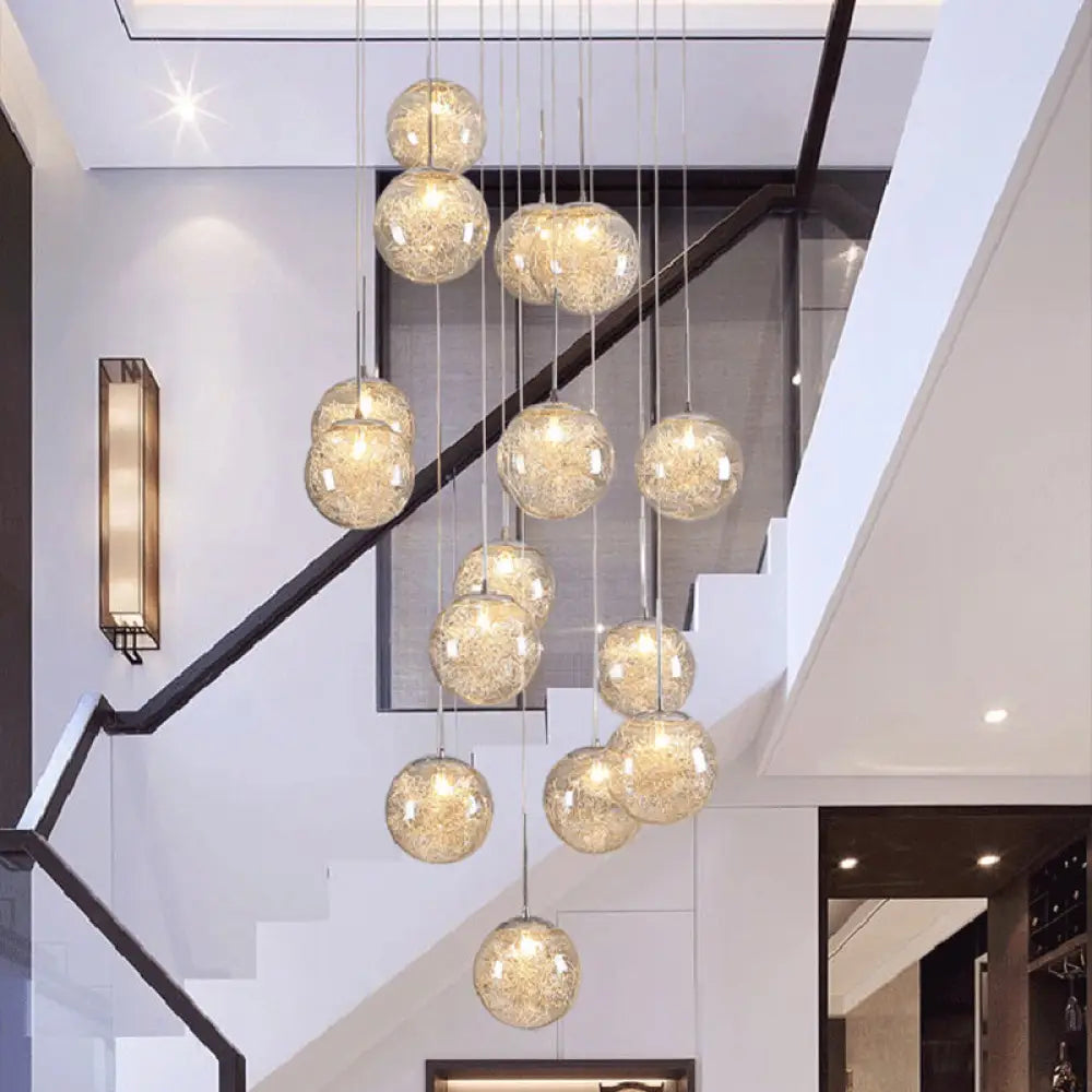 Clear Glass Spherical Multi Light Pendant Hanging Lamp For Stairs 15 / Chrome Lighting