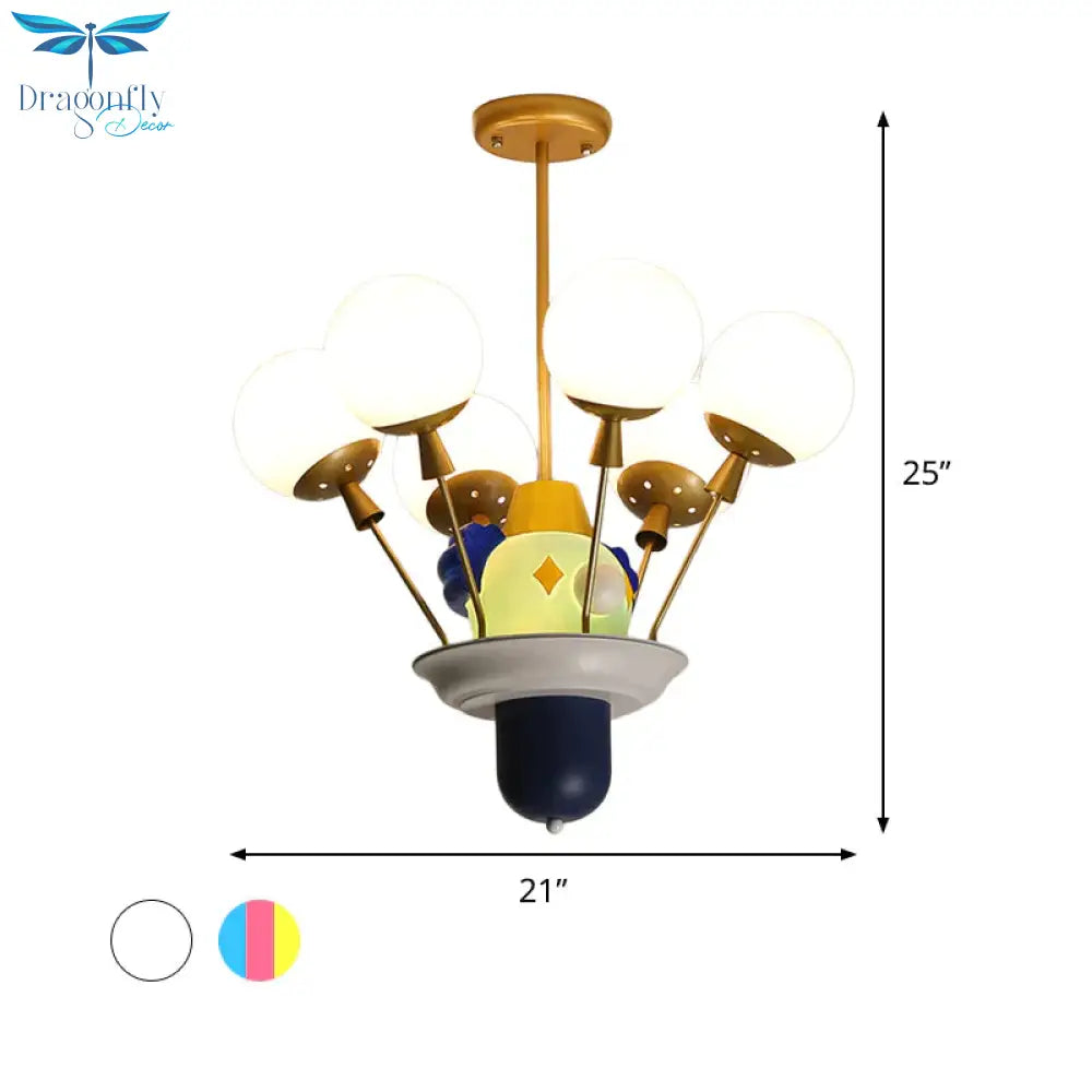 Clown And Balloon Chandelier Kids White/Blue - Pink - Yellow Glass 6 Bulbs Play Room Hanging