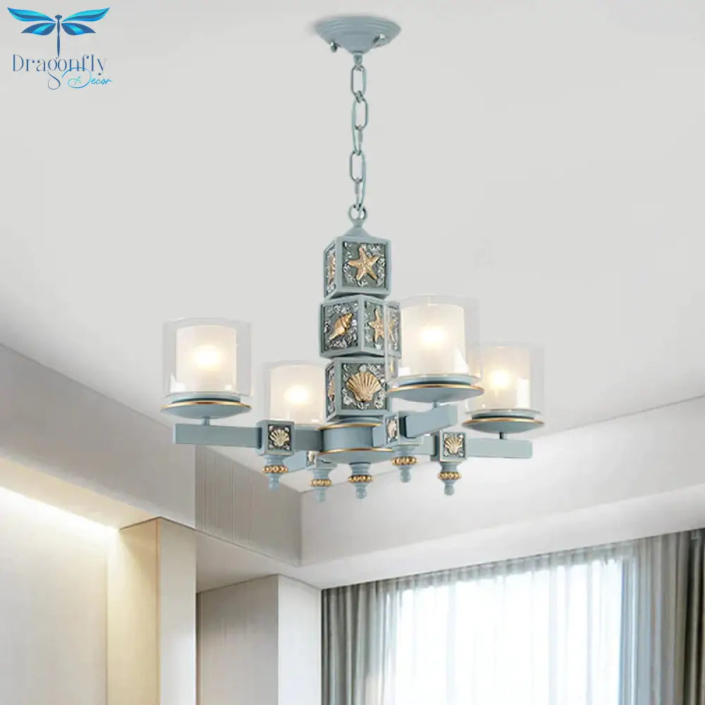 Coastal 4 - Light Hanging Chandelier Sky/Light Blue Dual Column Suspension Pendant With Clear And