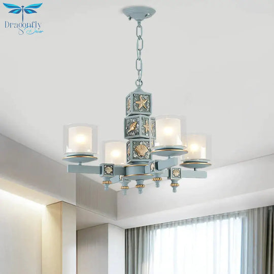 Coastal 4 - Light Hanging Chandelier Sky/Light Blue Dual Column Suspension Pendant With Clear And
