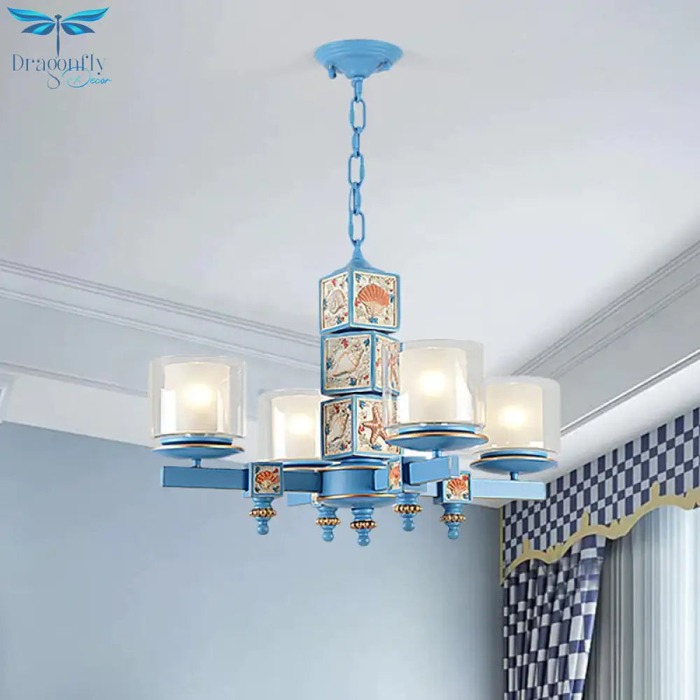 Coastal 4 - Light Hanging Chandelier Sky/Light Blue Dual Column Suspension Pendant With Clear And